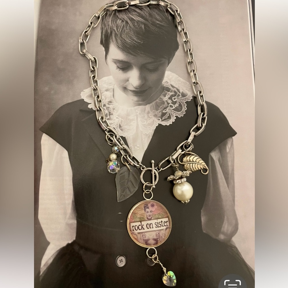 Artisan Upcycled Womens Silver Charm ROCK ON SISTER Necklace